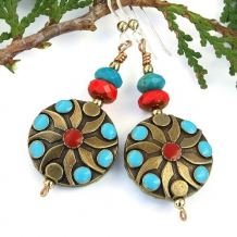 SOUTHWEST SERENADE - Southwest Turquoise Red Handmade Earrings, Brass Ethnic Boho 