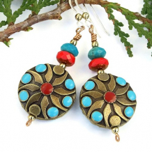 SOUTHWEST SERENADE - Southwest Turquoise Red Handmade Earrings, Brass Ethnic Boho  SOUTHWEST SERENADE - Southwest Turquoise Red Handmade Earrings, Brass Ethnic Boho