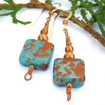 "Southwest Whimsy" - Turquoise Czech Glass and Copper Handmade Earrings, Unique Jewelry Dangles