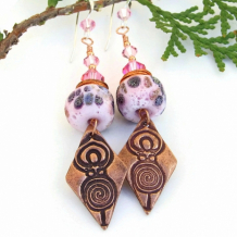 SPIRAL GODDESS - Spiral Goddess Handmade Earrings, Rustic Pink Lampwork Swarovski Jewelry