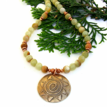 SUMMER DAZE - Bronze Spiral Sun Necklace, Honey Onyx Gemstone Handmade Jewelry Gift
