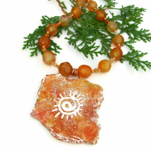 DESERT SUN - Spiral Sun Pendant Necklace, Polymer Clay Petroglyph Handmade Jewelry