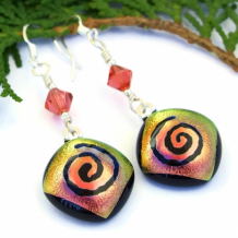 SPIRALING ALONG - Dichroic Glass Spiral Earrings, Swarovski Peach Yellow Handmade Jewelry