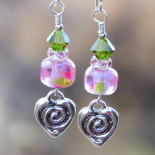 "Spiraling Love" - Valentines Spiral Hearts and Pink Lampwork Earrings, Swarovski Handmade Jewelry 