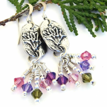 SPRING BEAUTIES - Flower Earrings, Pewter Purple Pink Green Swarovski Handmade Jewelry
