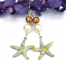 "Stars of the Sea" - Silver Starfish Handmade Earrings, Pearls Unique Beach Wedding Jewelry