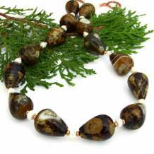 STEP BACK IN TIME - Brown Agate Teardrop Necklace, Mother of Pearl Copper Handmade Gemstone Jewelry