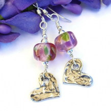 SWEET HEARTS - Sterling Hearts Pink Lampwork Valentines Earrings Handmade Beaded 