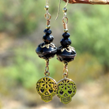 "Sugar Skulls" - Sugar Skulls Handmade Earrings. Black Lampwork Day of the Dead Jewelry