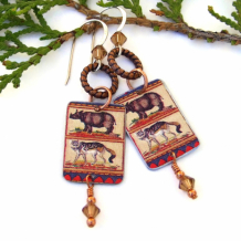 ANIMALIA - Rhino Jackal Animal Earrings, Vintage Tin Swarovski Handmade Jewelry
