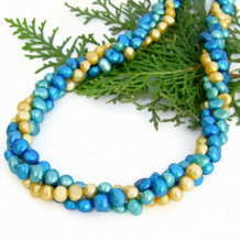 SUN ON CARIBBEAN WATERS - Twisted Multi Strand Pearl Torsade Necklace, Handmade, Turquoise, Yellow