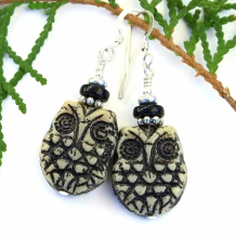 SWEET HOOTIES - Owl Earrings, Cream and Black Czech Glass Black Onyx Handmade Jewelry