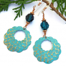"Tantalizing Turquoise" Turquoise Brass Hoop Earrings Boho Artisan Handmade Crystal Jewelry