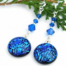 GLORIOUS! - Teal Blue Dichroic Glass Handmade Earrings, Swarovski Glowing Jewelry