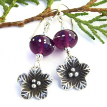 Thai Silver Flowers Earrings, Purple Lampwork Handmade Jewelry