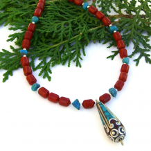 "Tibetan Melody" - Tibetan Tribal Pendant Handmade Necklace, Red Coral Turquoise Gemstone Artisan Jewelry
