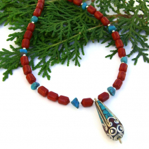 "Tibetan Melody" - Tibetan Tribal Pendant Handmade Necklace, Red Coral Turquoise Gemstone Artisan Jewelry "Tibetan Melody" - Tibetan Tribal Pendant Handmade Necklace, Red Coral Turquoise Gemstone Artisan Jewelry