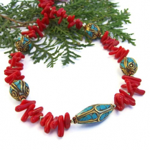 Tibetan Turquoise Beads and Red Coral Handmade Necklace. Ethnic Jewelry
