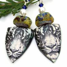 LOS TIGRES - Tiger Face Boho Earrings, Ceramic Lampwork Pearls Handmade Jewelry