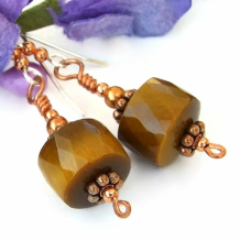 "Tiger, Tiger" - Golden Tigers Eye Gemstone Earrings, Copper Handmade Artisan Dangle Jewelry