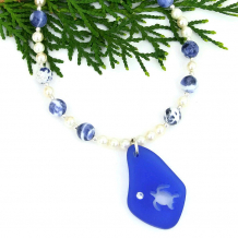 "Tortuga" - Blue Sea Glass Turtle Pendant, Sodalite Pearls Handmade Beach Jewelry
