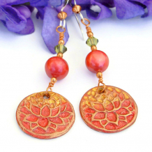 "Transcendence" - Copper Lotus Earrings, Pearls Swarovski Painted Handmade Jewelry Unique