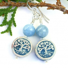 TREE OF LIFE - Tree of Life Earrings, Ceramic Aquamarine Sterling Handmade Artisan Jewelry