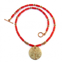WORLD TREE - Tree of Life Handmade Pendant Necklace Red Coral Copper Czech Glass WORLD TREE - Tree of Life Handmade Pendant Necklace Red Coral Copper Czech Glass