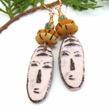 TRIBAL BEAUTY - Boho Tribal Face Handmade Earrings, Ceramic Wood Glass Artisan Jewelry