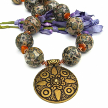 LA CROIX - Brass Cross Necklace, Chunky Leopardskin Jasper Amber Handmade Jewelry