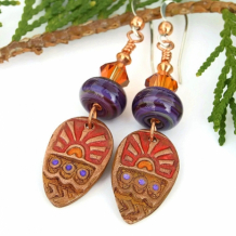 TRIBAL SUNS - Tribal Sun Handmade Earrings, Red Purple Copper Crystal Handmade Jewelry