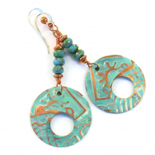 "Tribal Sage" - Tribal Sage Green Handmade Hoop Earrings, Boho Embossed Copper Artisan Dangle Jewelry
