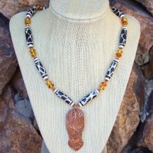 "Tribal Zebra" - Copper Zebra Pendant Necklace, Bone Amber Handmade Artisan Tribal Jewelry