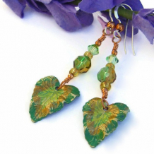 TROPICALE - Tropical Leaf Handmade Earrings Green Yellow Brass Amber Glass Jewelry