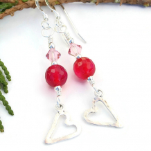 "True Love" - Sterling Hearts Valentines Earrings, Fuchsia Agate Pink Crystal Handmade Artisan Jewelry