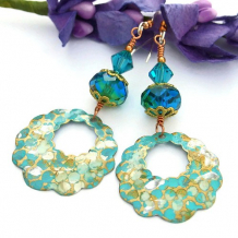 CALL OF THE CARIBBEAN - Turquoise Capri Brass Scallop Handmade Earrings Czech Glass Swarovski 