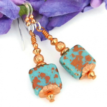 MESILLA - Turquoise Copper Czech Glass Earrings, Handmade Dangles Unique Jewelry