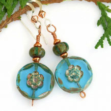 "Turquoise Flowers" - Turquoise Flowers Handmade Earrings, Unique Summer Czech Glass Beaded Jewelry
