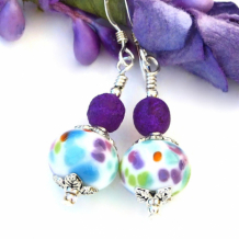 MACCHIE - Dotted Lampwork Earrings, White Aqua Purple Colorful Handmade Jewelry