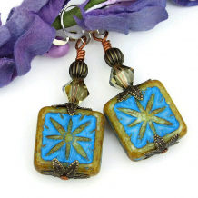 "Turquoise Starlight" - Handmade Star Earrings, Turquoise Beige Czech Glass Crystal Beaded Dangle Jewelry