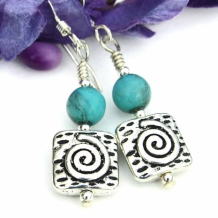 TURQUOISE SWIRLS - Pewter Spiral Handmade Earrings, Smoky Turquoise Czech Glass Jewelry