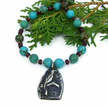 "Uccello" - Bird Pendant Necklace, Handmade Turquoise Garnet Pewter Beaded Goth Jewelry