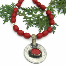 TRAVELER - Vintage Kuchi Coin Necklace, Red Coral Afghan Tribal Handmade Jewelry