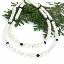 ELEGANTE - Two Strand White Swarovski Pearl Necklace, Black Crystals Handmade