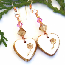 MI AMOR - Hearts Flowers Earrings, White Brown Pink Valentines Handmade Jewelry