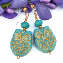 "Whooo Loves Me" - Turquoise Czech Glass Owls Earrings, Handmade Gemstone Beaded Artisan Jewelry