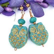 "Whooo Loves Me" - Turquoise Czech Glass Owls Earrings, Handmade Gemstone Beaded Artisan Jewelry "Whooo Loves Me" - Turquoise Czech Glass Owls Earrings, Handmade Gemstone Beaded Artisan Jewelry