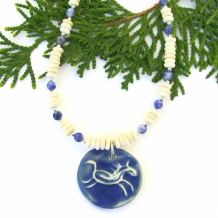 "Wild and Free"- Petroglyph Running Horse Necklace, Bone Blue Sodalite Handmade Beaded Pendant Jewelry