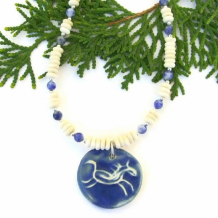 WILD AND FREE - Petroglyph Running Horse Necklace, Bone Blue Sodalite Handmade Beaded Pendant Jewelry