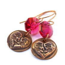 "Wisdom of the Heart" - Copper Hearts and Faces Handmade Earrings, Fuchsia Swarovski Spirals Valentines Jewelry